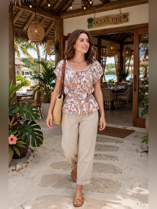 Cato Tops - Cato White Blouse with Red and Blue Paisley Puff Sleeves